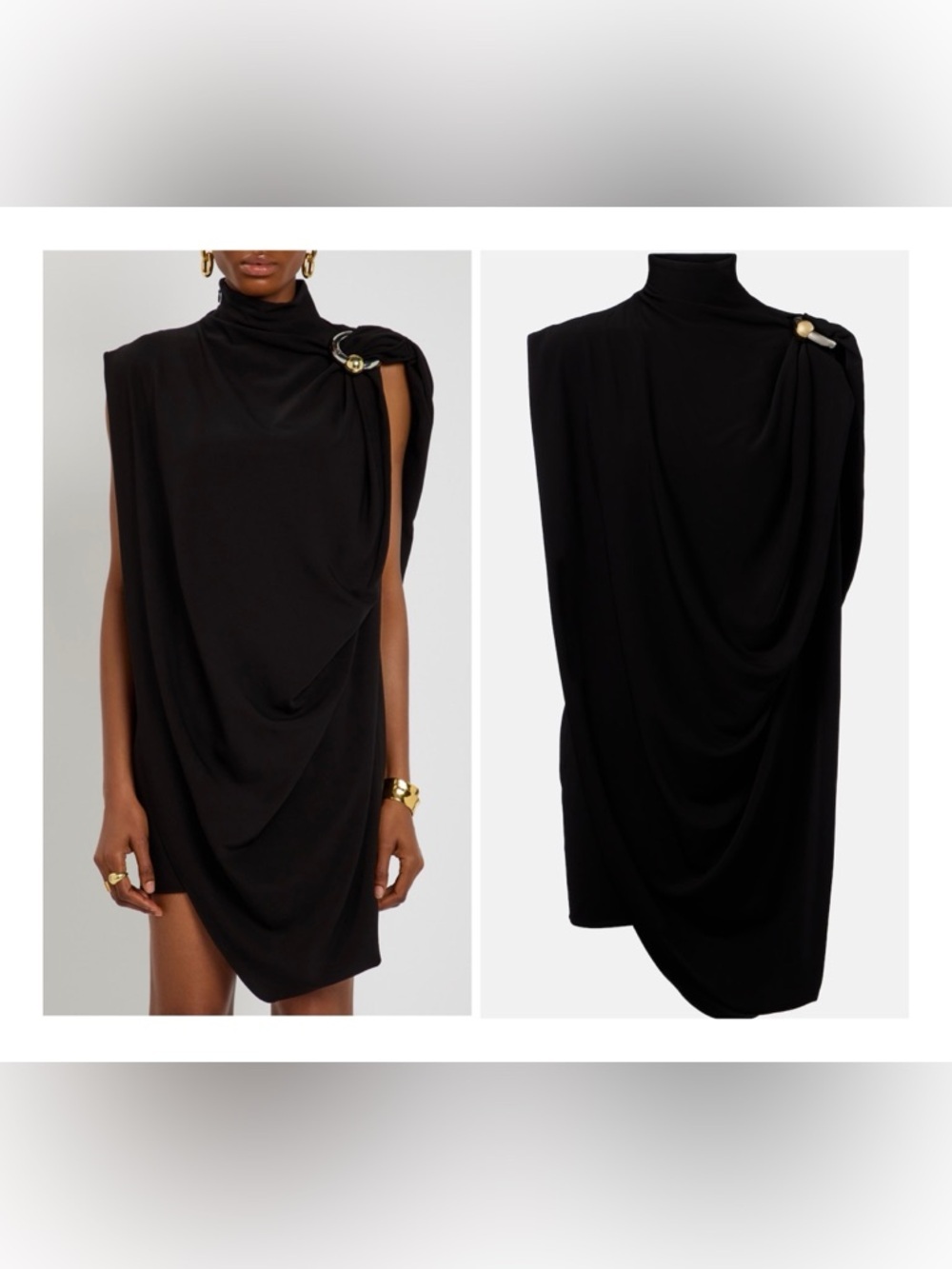 Jean Paul Gaultier Black Draped High-Neck Mini Dress with Ring Detail NWOT